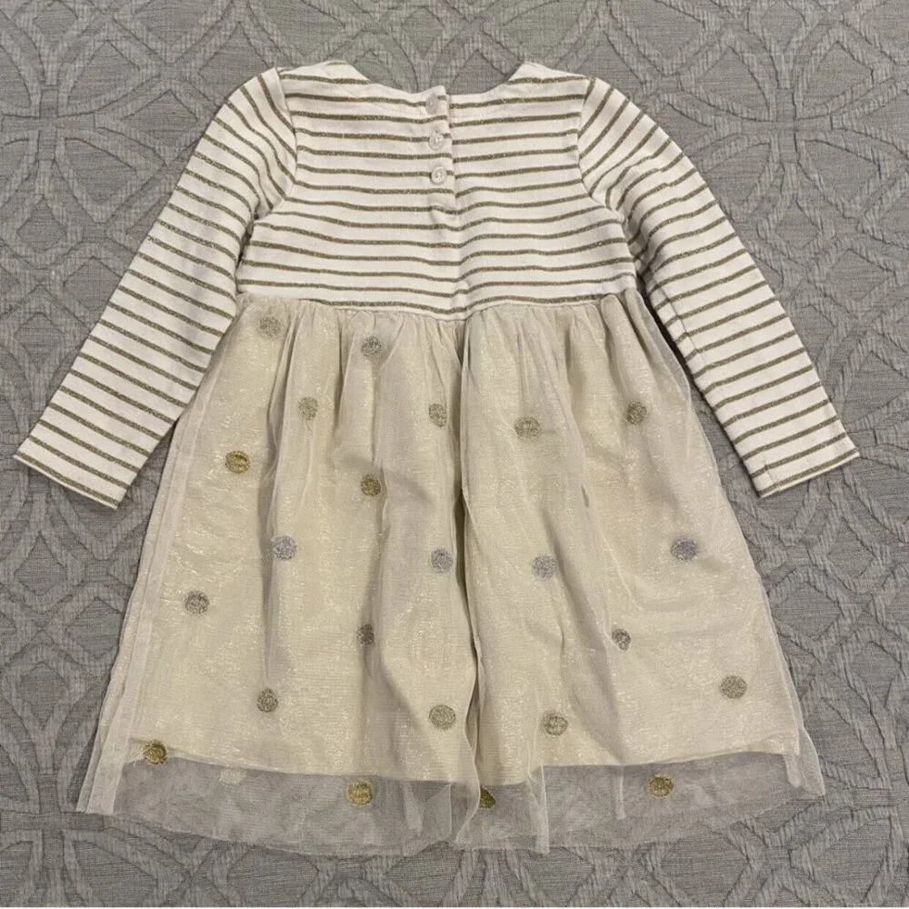 Mini Boden 2-3Y Glittery Gold Polkadots & Stripes Tulle Dress